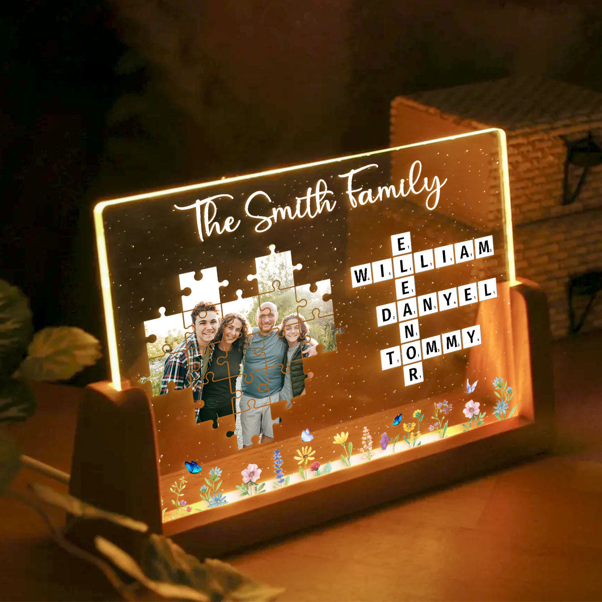 Family Crossword Puzzle Photo Uploaded Personalized U-Base Acrylic LED Night Light, Gift for Mom, Dad, Grandma For Cheap