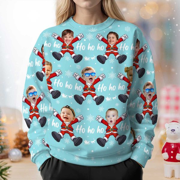 Ho Ho Ho Family Photo Upload Funny Christmas Personalized Faux Knit Ugly Sweater Discount - Image 3