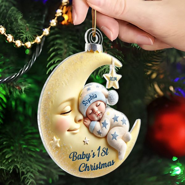 3D Effect Baby On Moon First Christmas 1st Christmas Keepsake Personalized Acrylic Ornament For Sale - Image 4