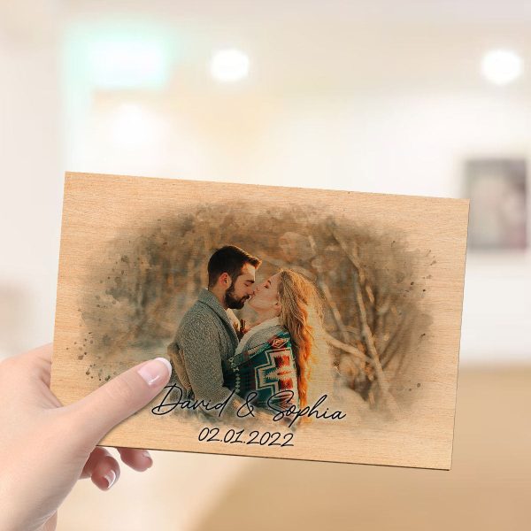 Watercolor Couple Portrait Using Photo Personalized Wooden Plaque, Unique Gift For Him, For Her, For The Couple Discount - Image 5
