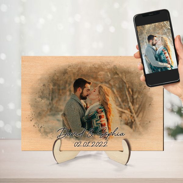 Watercolor Couple Portrait Using Photo Personalized Wooden Plaque, Unique Gift For Him, For Her, For The Couple Discount - Image 3
