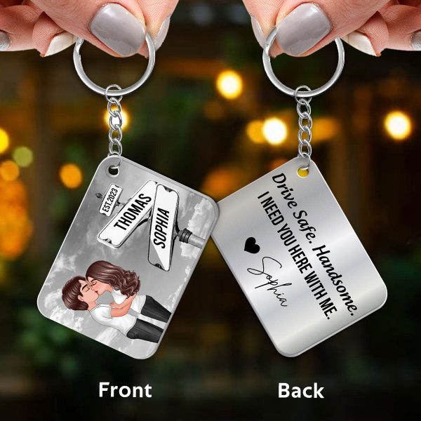 Drive Safe Couple Kissing Vintage Crossroads Street Sign Personalized Metal Keychain, Anniversary  Gift For Him, Boyfriend, Husband Online Hot Sale - Image 3
