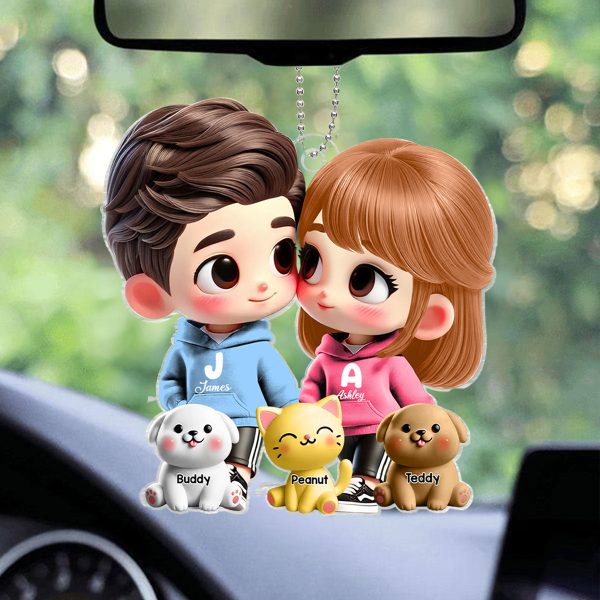 3D Effect Cute Cartoon Couple Holding Hands with Dogs Cats Personalized Acrylic Car Hanger, Anniversary &  Gift for him, Gift for her Sale - Image 2