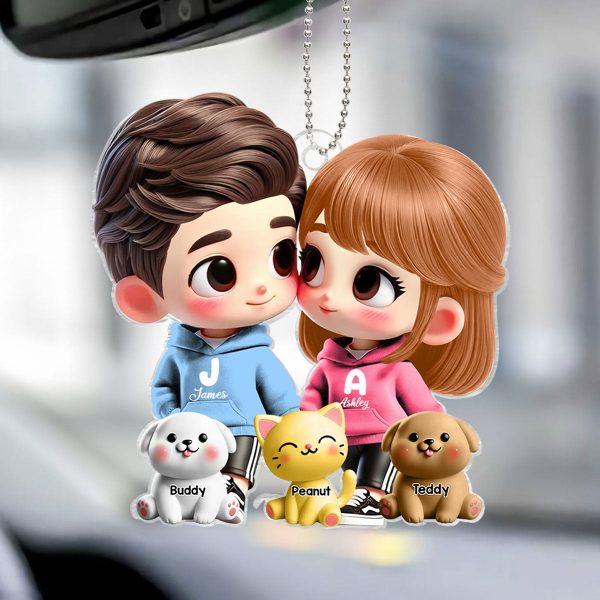 3D Effect Cute Cartoon Couple Holding Hands with Dogs Cats Personalized Acrylic Car Hanger, Anniversary &  Gift for him, Gift for her Sale